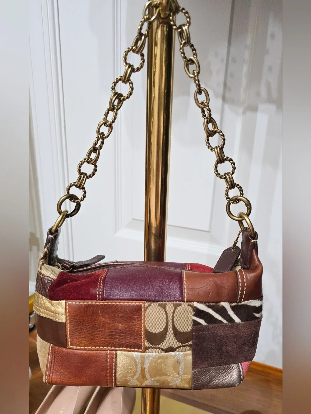 Coach Patchwork Leather and Fabric Shoulder Bag in Burgundy